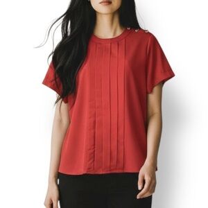4/$20 Laura & Jayne Red Pleated Blouse Gold Stud Shoulder Top Short Sleeve 8